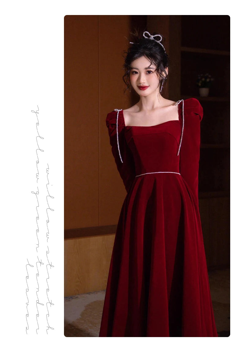 Mauroicardi Long Birthday Party Evening Soft Velvet Maxi Dresses for Women Puff Sleeve Square Neck Luxury Elegant Chic Clothing