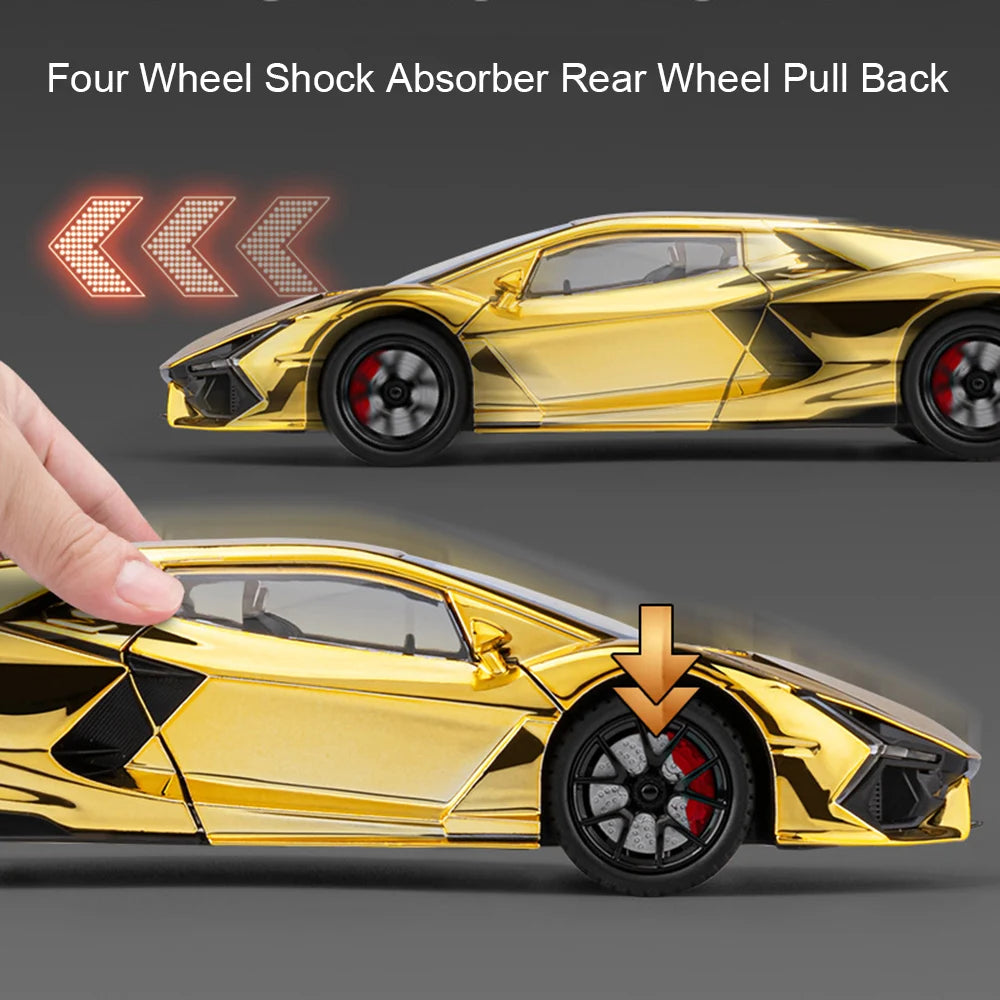1:24 Scale REVUELTO Miniature Model Toy Sports Cars Alloy Diecast Supercars Sound Light Doors Opened Pull Back for Kids Gifts