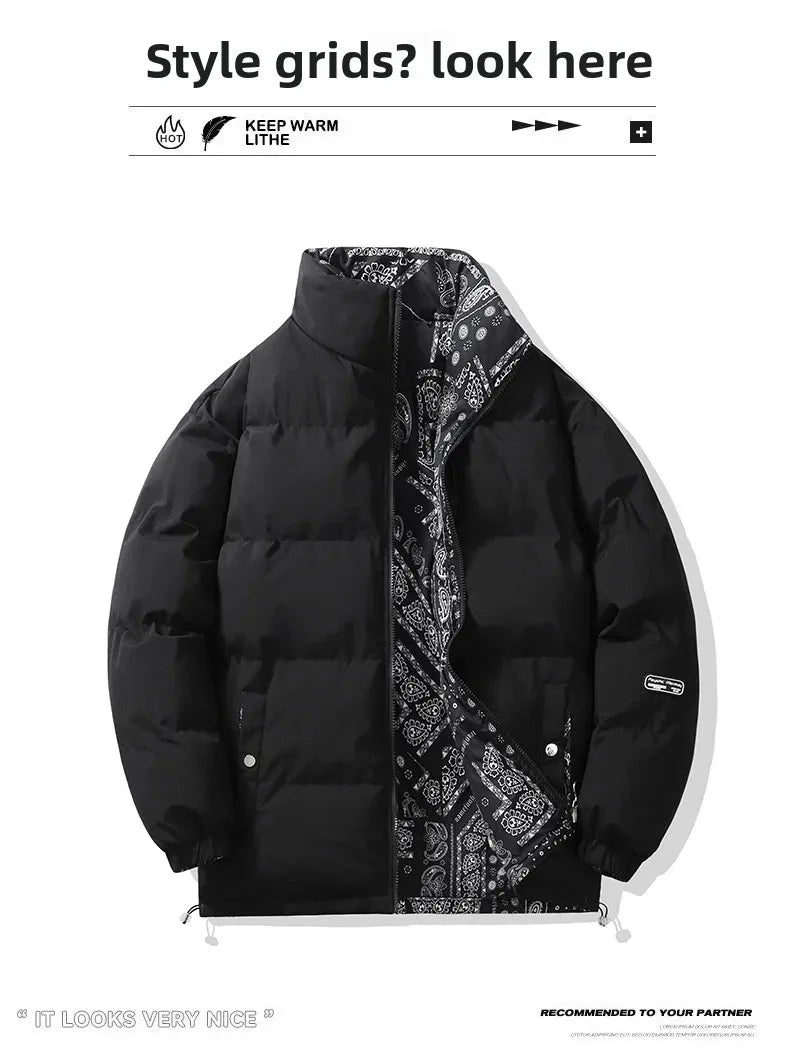 Double-Sided Wear Thickened Cotton Jacket for Men Women Stand Collar Warm Casual Loose Fit Winter Couple Windproof Bread Jacket