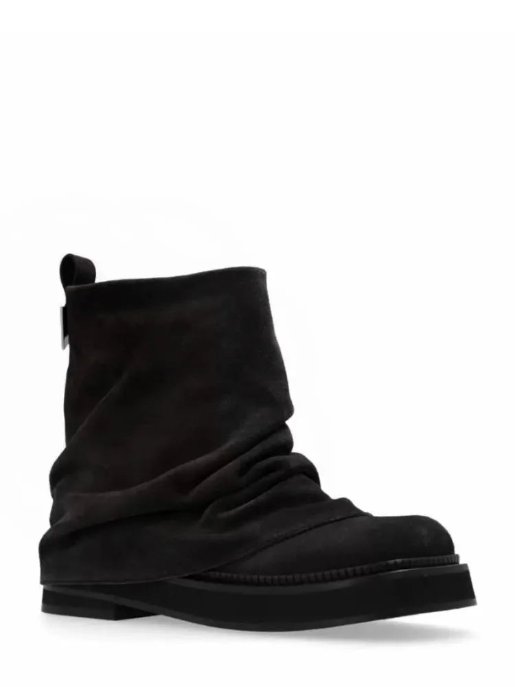 Women's New Autumn and Winter Calf Boots with Pleated Thick High Heels and Fashionable Oversized Street Leather Mid Leg Boots