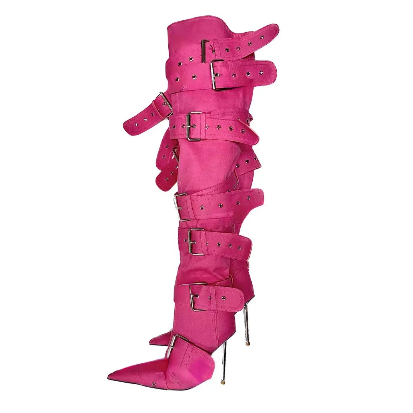 Blue Denim Metal Rivet Buckle Silvery Over Knee Boots Women Sexy Punk Style Silver Belt Buckle 12cm High Heel Sandals Size 34-43