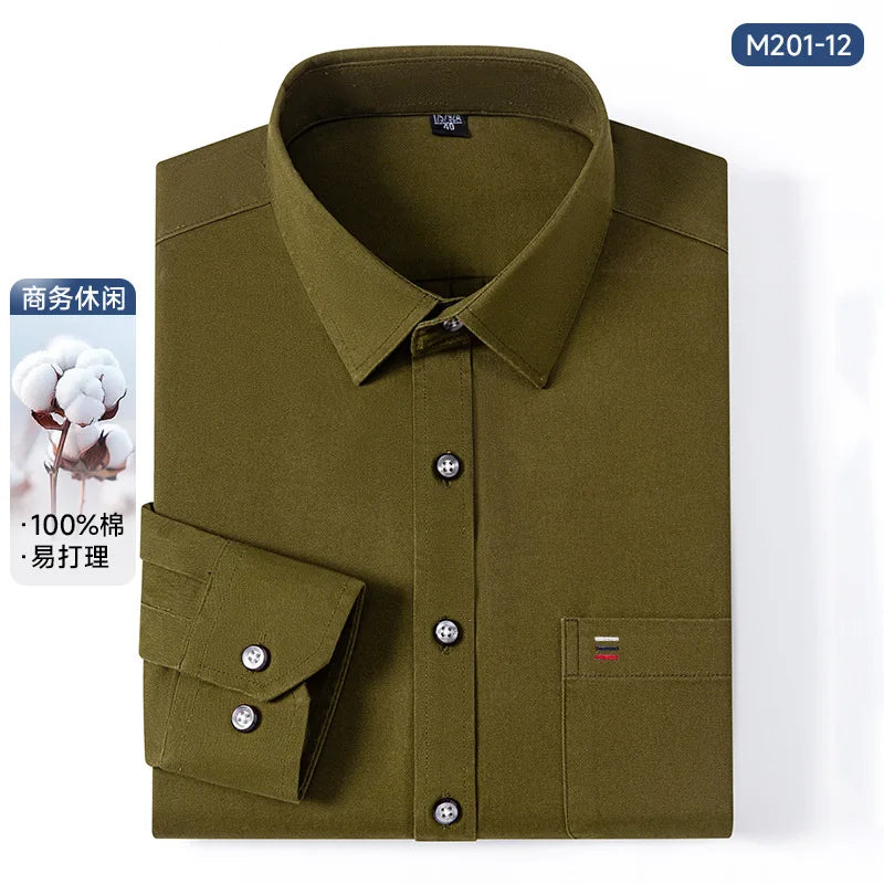 7XL Solid Color 100 Cotton Long Sleeve Shirt Men Business Casual White Shirt Black Blue Men Shirt Long Sleeve Slim Fit Pocket