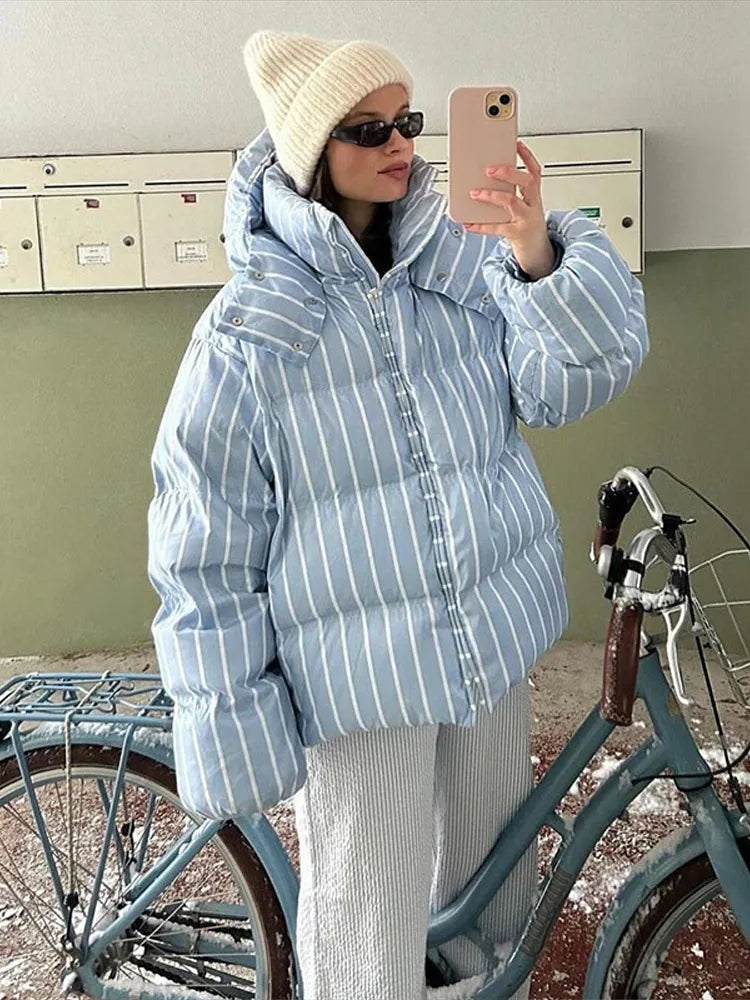 Casual Striped Short Cotton Overcoat Women Long Puff Sleeve Zipper Stand Collar Coat 2025 Autumn Winter Thick Warm Lady Outwear