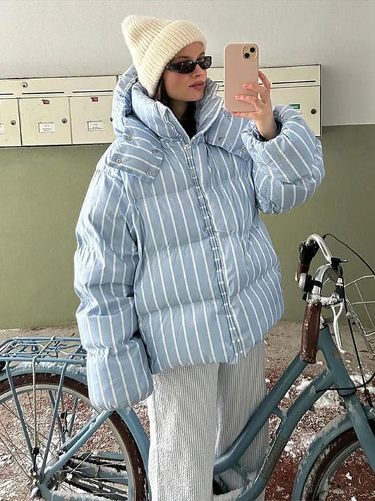 Casual Striped Short Cotton Overcoat Women Long Puff Sleeve Zipper Stand Collar Coat 2025 Autumn Winter Thick Warm Lady Outwear