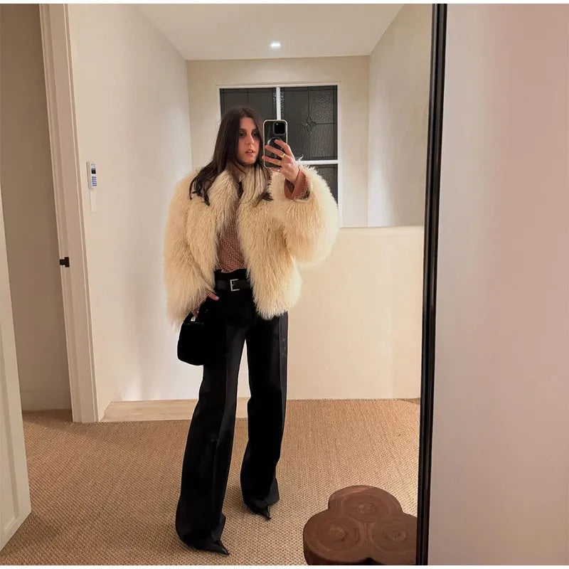 Fashion Solid Plush Faux Fur Coat Women Elegant Warm Long Sleeves Loose Jacket 2025 Lady Winter Chic High Street Outerwear ﻿