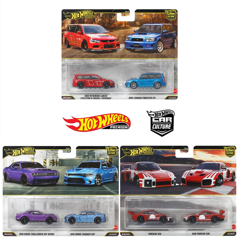 Hot Wheels HBL96-U Premium 2-Pack Series,Mitsubishi Lancer Evo Subaru Dodge Challenger Porsche,1:64 Diecast Collector's Gift Toy