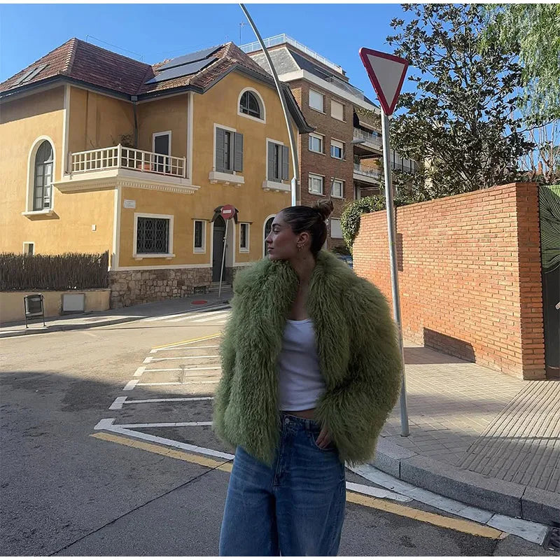 Fashion Solid Plush Faux Fur Coat Women Elegant Warm Long Sleeves Loose Jacket 2025 Lady Winter Chic High Street Outerwear ﻿