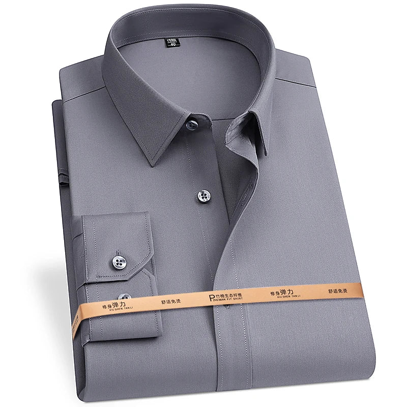 8XL Superfine Denier Bamboo Fiber Micro Elastic Formal Shirts for Men Plus Large Size Casual Slim Fit Long Sleeve Shirts for Men