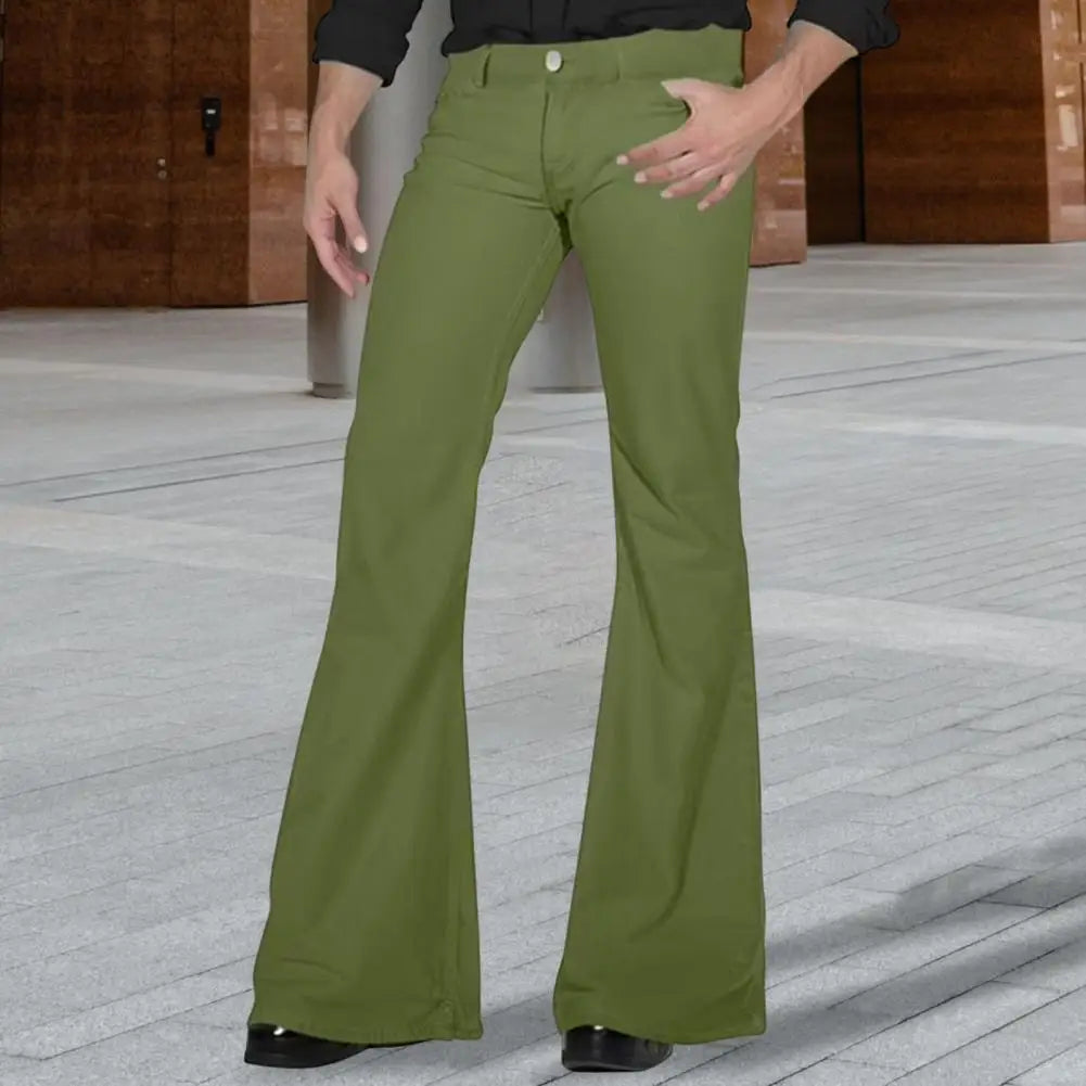 Fashion Men's Retro Flare Pants Solid Color Mid-Rise Trousers Casual Classic 70s Men Bell Bottom Zipper Fly Long Trousers