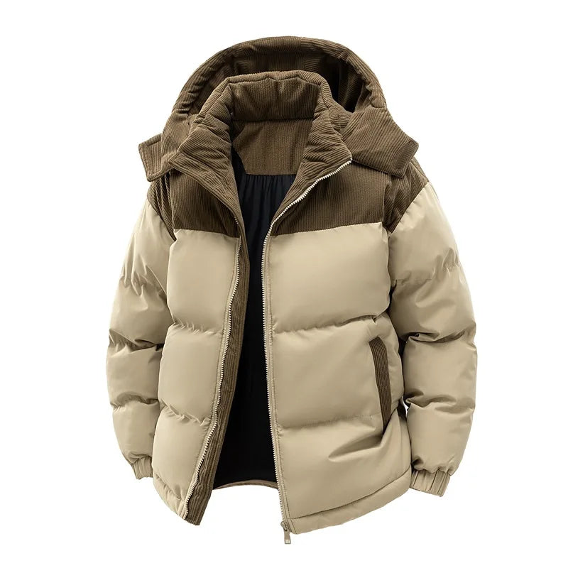 Men's New Winter Cotton Jacket: Fleece-Lined, Thickened for Warmth, with Removable Hood and Stand-Up Collar for Cold Resistance