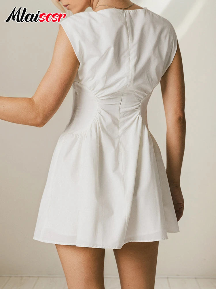 Mlaiscsr Elegant White A-line Mini Dress Women Autumn O Neck Sleeveless Nightclub Sexy Birthday Party Europe and America Vestido