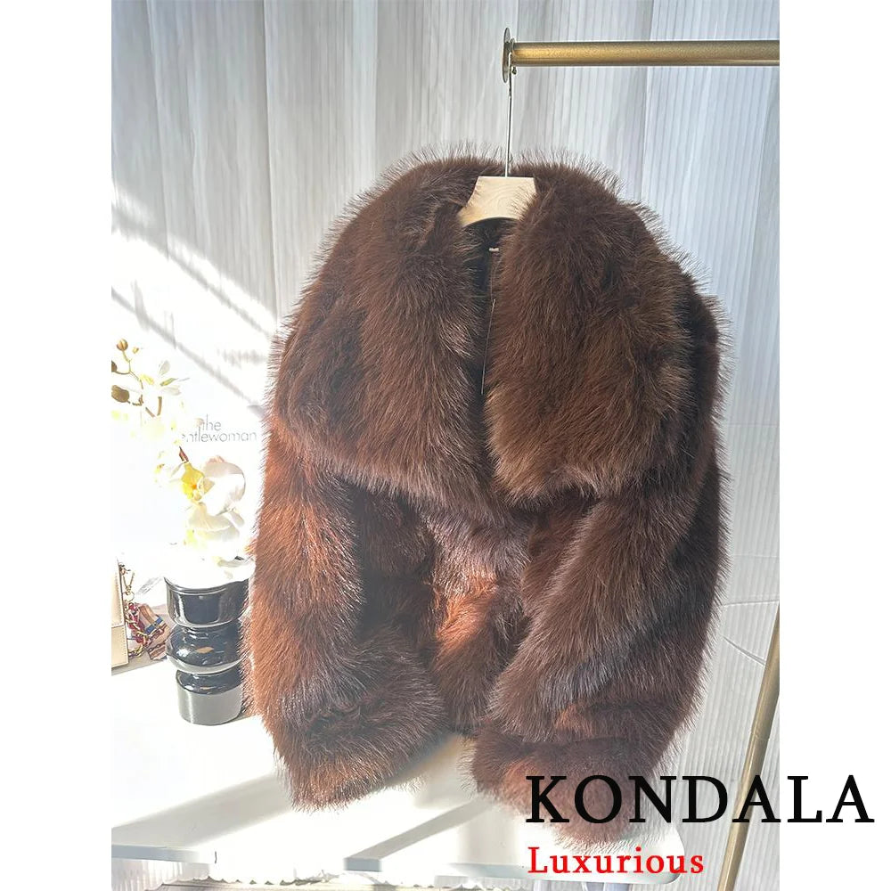 KONDALA Casual Brown Thick Fur Jackets Women Long Sleeve V Neck Autumn Winter Faux Fur Coats Fashion 2025 Streetwear Outwears