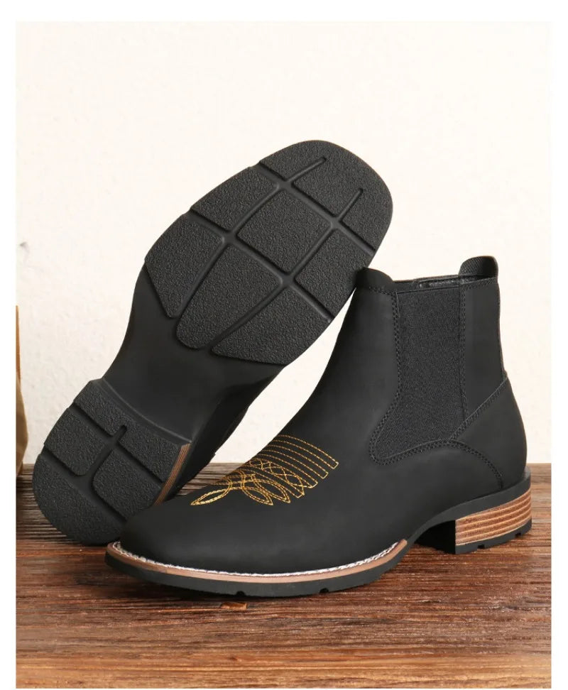 Men's Chelsea Boots High Quality Casual Leather Boots Retro Ankle Boots for Men Embroidery Western Cowboy Boot Botas Masculinas