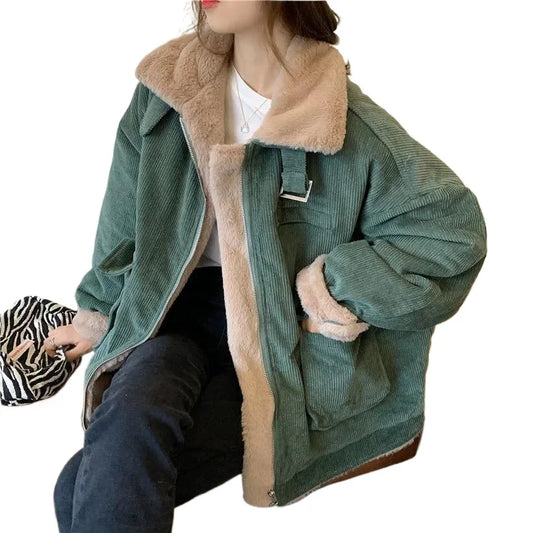 Women's Autumn Winter Casual Parkas Versatile Loose Short Thickened Warm Corduroy Cotton Clothes Trend Lamb Wool Tooling Jacket
