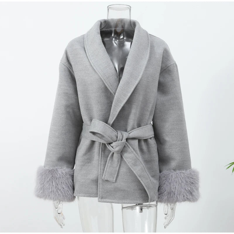 Elegant Lace Up Woolen Coat Women Solid Loose Lapel Furry Belt Long Sleeve Short Jacket 2025 Autumn Winter Lady Cardigan Outwear