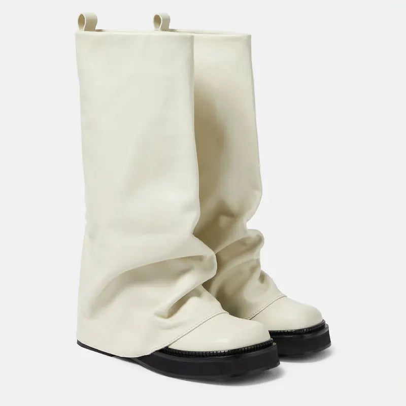 Women's New Autumn and Winter Calf Boots with Pleated Thick High Heels and Fashionable Oversized Street Leather Mid Leg Boots