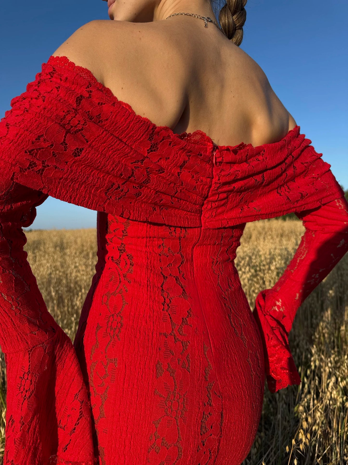 Suninheart White Maxi Wedding Guest Dress Women 2025 Elegant Off The Shoulder evening party dresses red lace flare sleeve dress