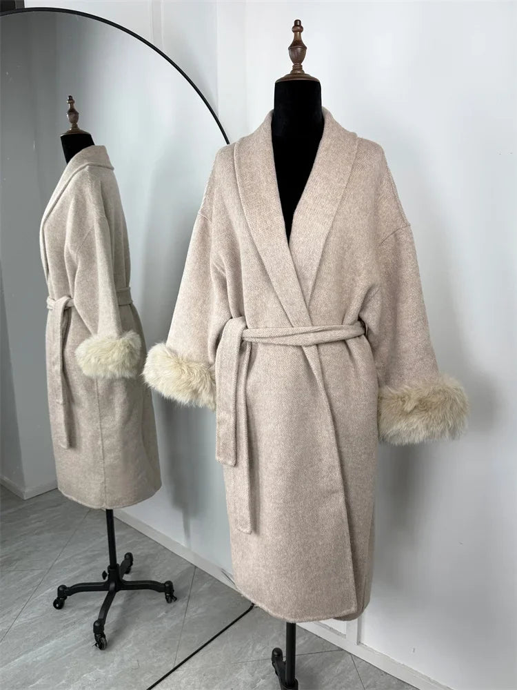 Retro Black Fur Patchwork Woolen Coat Women Chic Full Sleeve V-neck Lace Up Loose Long Overcoat 2025 Lady Winter Commute Outwear