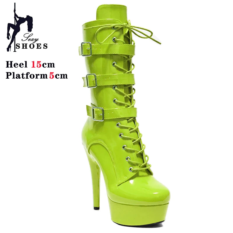 15CM/6Inch Matte Black High Heels Belt Buckle Platform Runway Ankle Boots Lace-up Nightclub Knight Pole Dancing WESTERN Boots