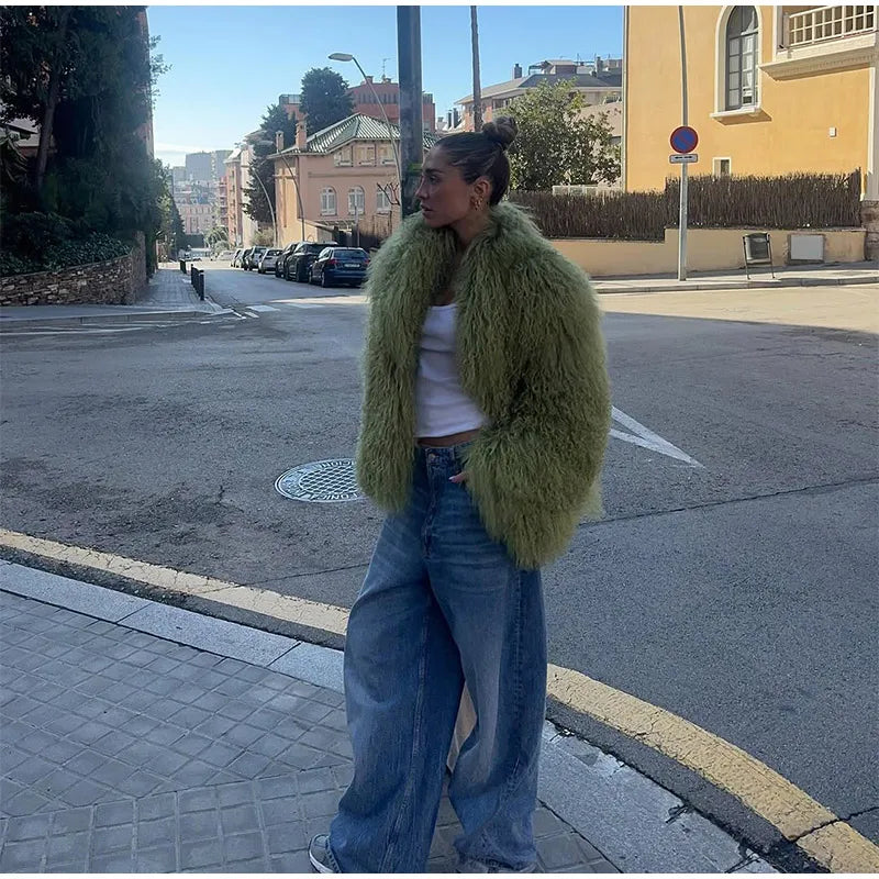 Fashion Solid Plush Faux Fur Coat Women Elegant Warm Long Sleeves Loose Jacket 2025 Lady Winter Chic High Street Outerwear ﻿