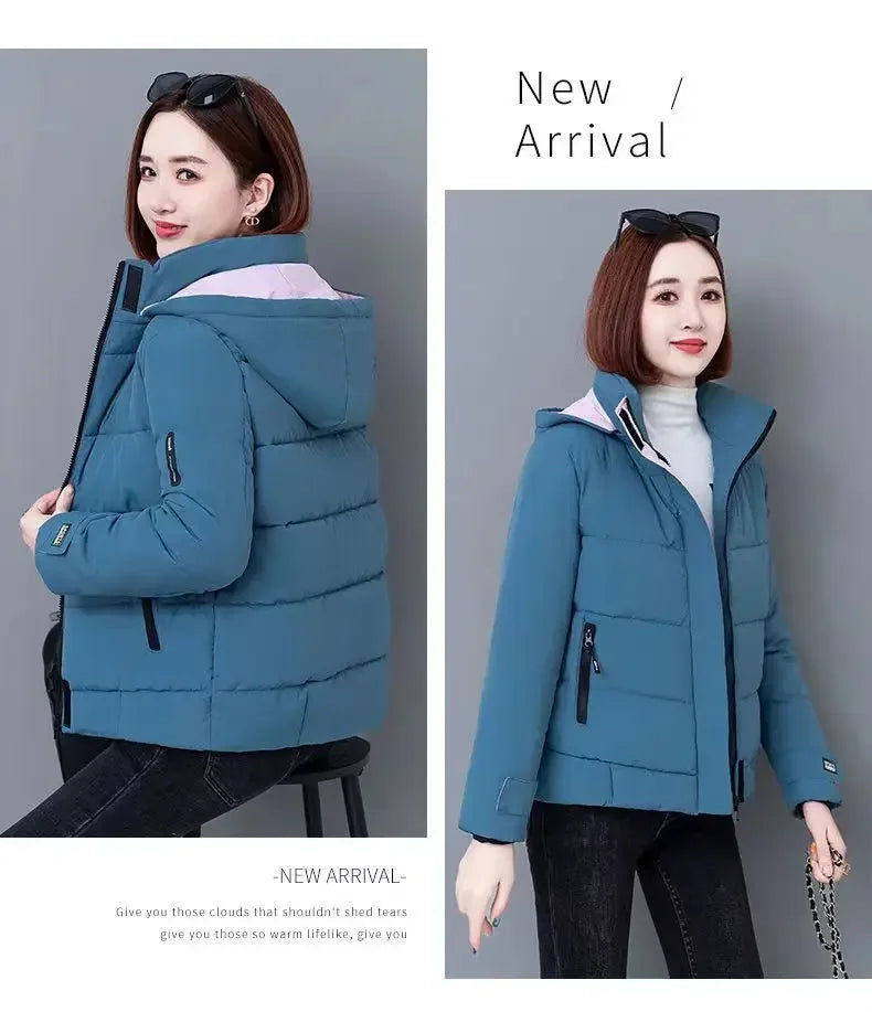 Thick Fleece Cotton Parkas Women Puffer Jacket Winter Fashion Warm Hooded Short Down Jacket Lady Casual Solid Zipper Padded Coat