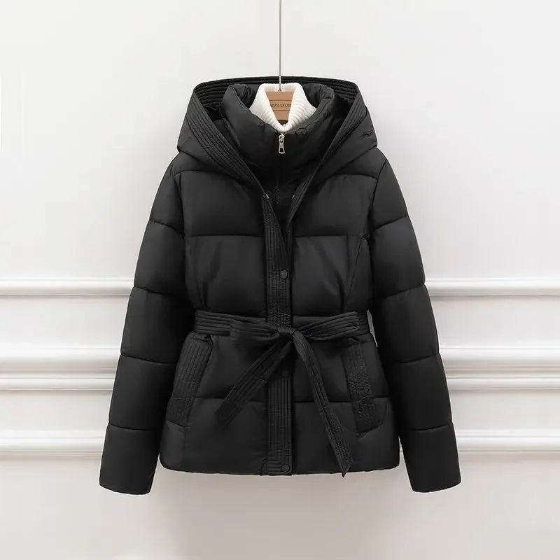 2025 New Winter Jacket Women Warm Parkas Long Sleeve Tops Casual Cotton Padded Jackets Belt Black Brown Hooded Outerwear Female