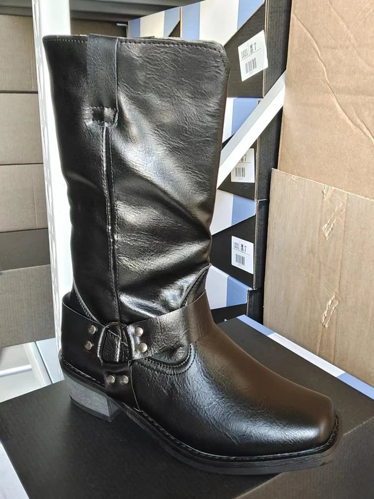 Retro Cowboy Boots Men Mid Calf Western Boots Men Pu Leather Boots Man Slip On Shoes Winter Knight Boots Booties Plus Size 39-48