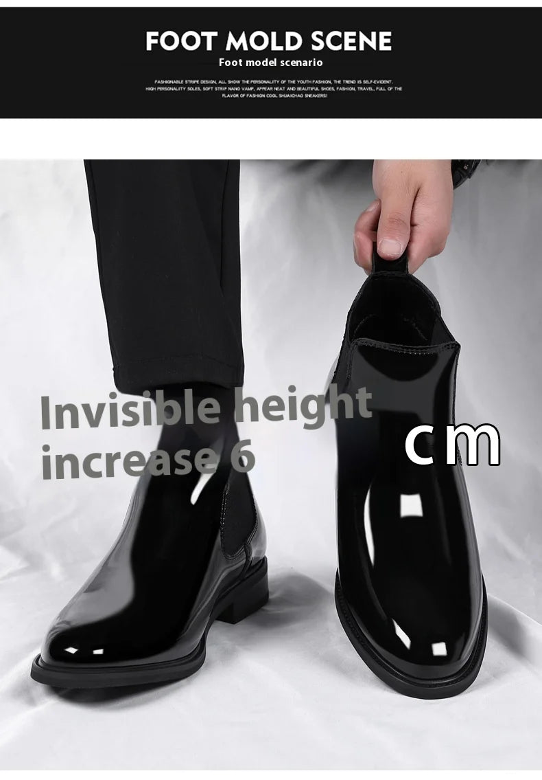 Height Increase Men's Shiny Leather Boots Pointed Formal Elevator Shoes Office Business Snow Boots Chelsea Winter Cotton Boots