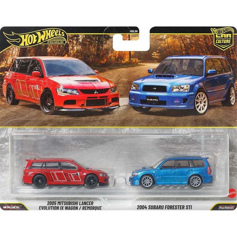 Hot Wheels HBL96-U Premium 2-Pack Series,Mitsubishi Lancer Evo Subaru Dodge Challenger Porsche,1:64 Diecast Collector's Gift Toy
