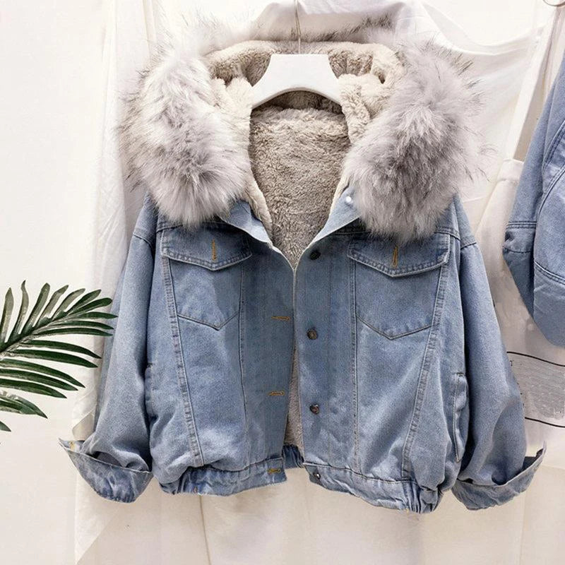 Winter Denim Jacket Hooded Coat Women Removable Fur Collar Fleece Lined Jeans Jacket Warm