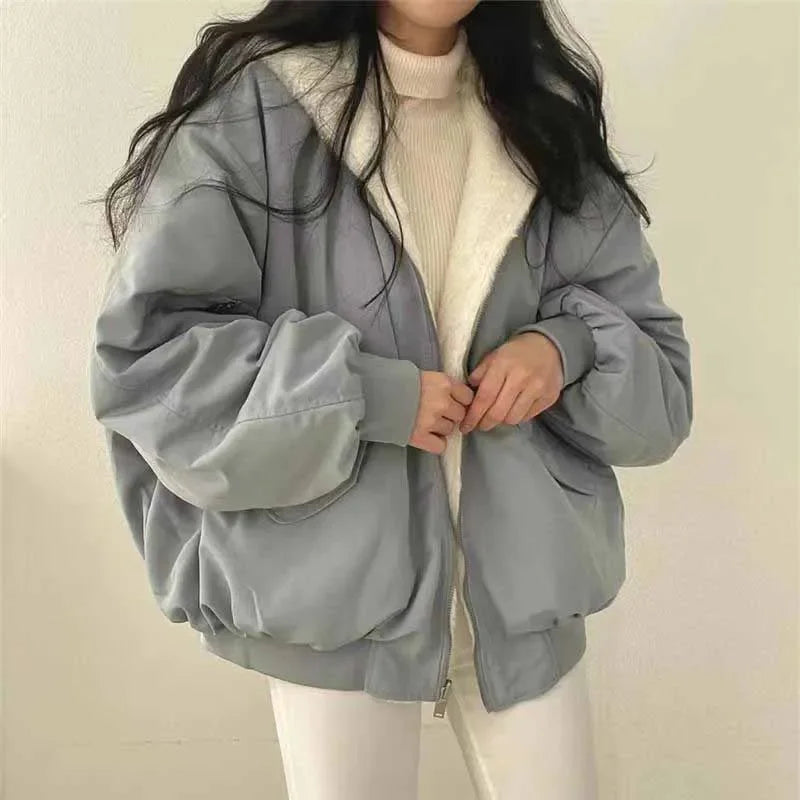 Smvp Winter Thicken Warm Parkas Women Fashion Double Sided Hooded Fleece Coat Ladies Korean Loose Long Sleeve Zip Up Jackets