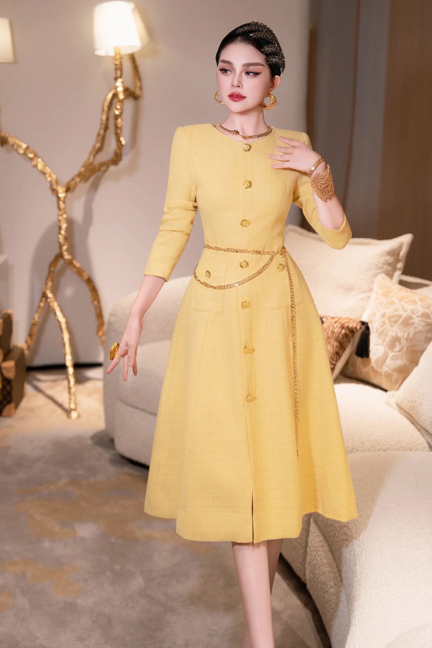 ZJYT New Arrivals Autumn Dresses for Women 2025 Elegant Designer Long Sleeve Single Breasted Party Yellow Dress with Belt