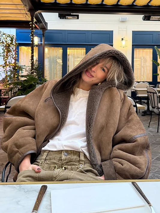 Hooded Patchwork Leather Jacket Woman Solid Color Long Sleeves Loose Single Breasted Coat Casual Street Women's New Warm Jackets