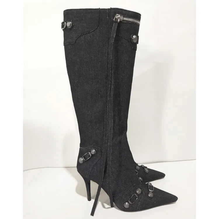 New 2024 Brand Design Knee High Boots Fashion Rivet Pointed Thin Heel Women's Boots 34-43 Fashion Hot Girls Denim Model Boots