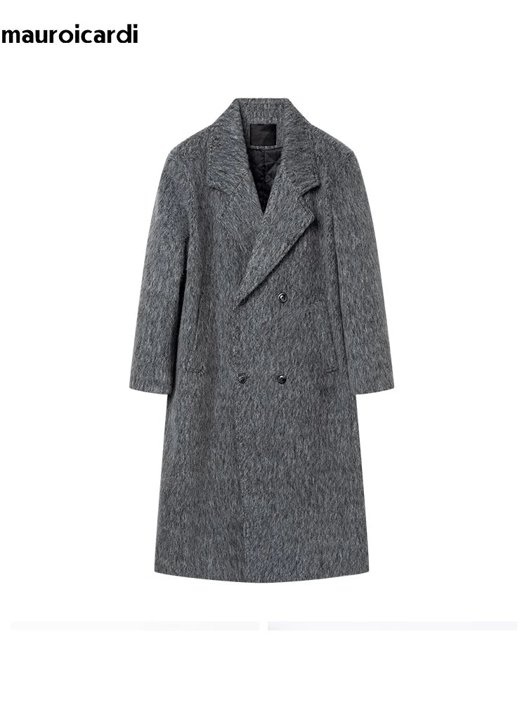 Mauroicardi Autumn Winter Oversized Long Thicken Warm Grey Woolen Coat Men Shoulder Pads Double Breasted Wool & Blends Overcoat