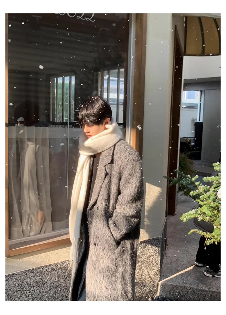 Mauroicardi Autumn Winter Oversized Long Thicken Warm Grey Woolen Coat Men Shoulder Pads Double Breasted Wool & Blends Overcoat