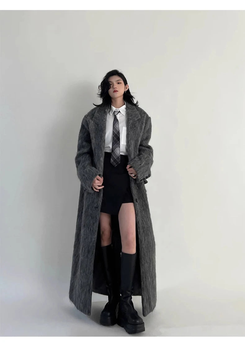 Lautaro Autumn Winter Clothes Women Oversized Extra Long Casual Warm Grey Wool & Blends Coat Women Maxi Fluffy Woolen Overcoat