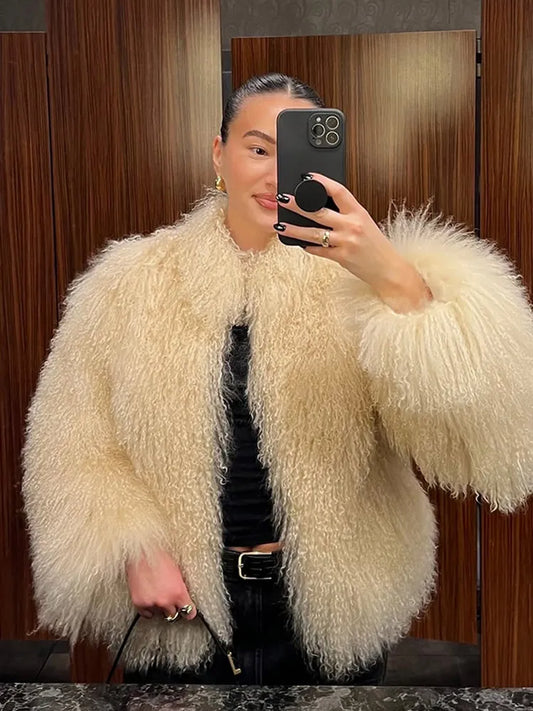 Fashion Solid Plush Faux Fur Coat Women Elegant Warm Long Sleeves Loose Jacket 2025 Lady Winter Chic High Street Outerwear ﻿