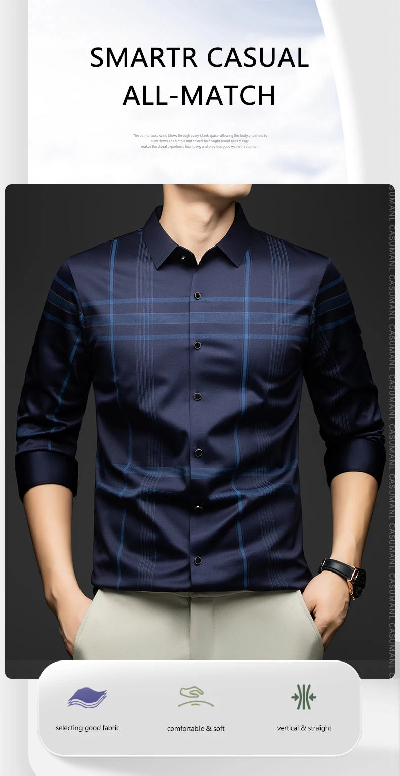 BROWON Formal Shirt Men 2025 Autumn New Long Sleeve Male Shirt Fashion Business Mulberry Silk Striped Shirts for Man Wear