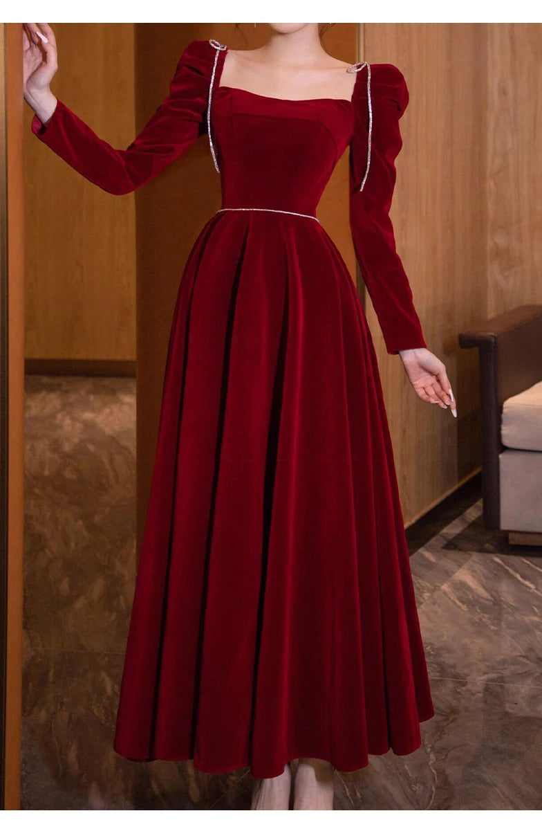 Mauroicardi Long Birthday Party Evening Soft Velvet Maxi Dresses for Women Puff Sleeve Square Neck Luxury Elegant Chic Clothing