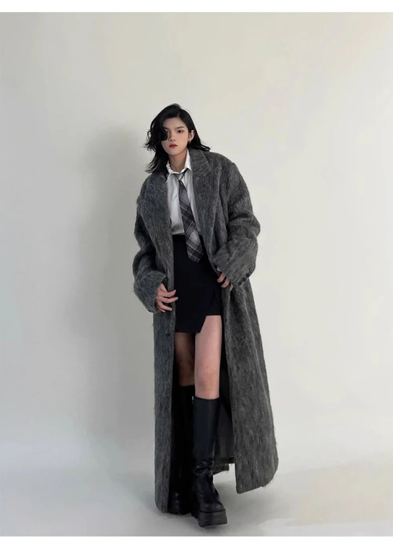Lautaro Autumn Winter Clothes Women Oversized Extra Long Casual Warm Grey Wool & Blends Coat Women Maxi Fluffy Woolen Overcoat