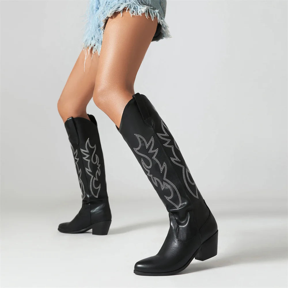 Women's Embroidered Western Cowboy Boots Block Chunky Heels Pointed Toe Pull-On Retro Classic Knee High Cowgirl Boots Woman