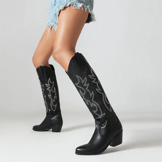 Women's Embroidered Western Cowboy Boots Block Chunky Heels Pointed Toe Pull-On Retro Classic Knee High Cowgirl Boots Woman