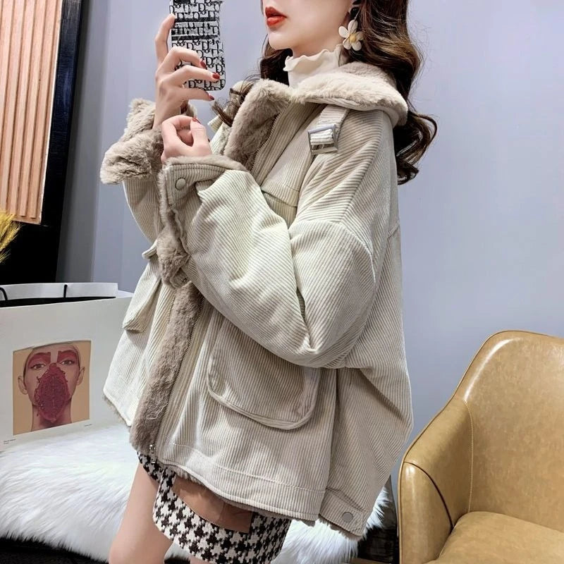 Women's Autumn Winter Casual Parkas Versatile Loose Short Thickened Warm Corduroy Cotton Clothes Trend Lamb Wool Tooling Jacket