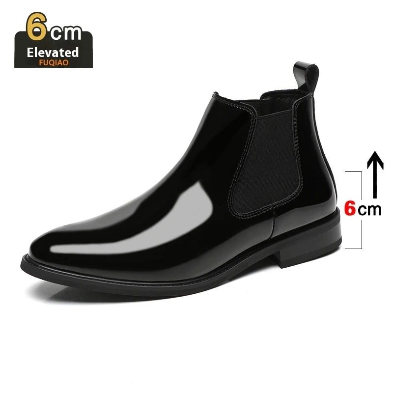 Height Increase Men's Shiny Leather Boots Pointed Formal Elevator Shoes Office Business Snow Boots Chelsea Winter Cotton Boots