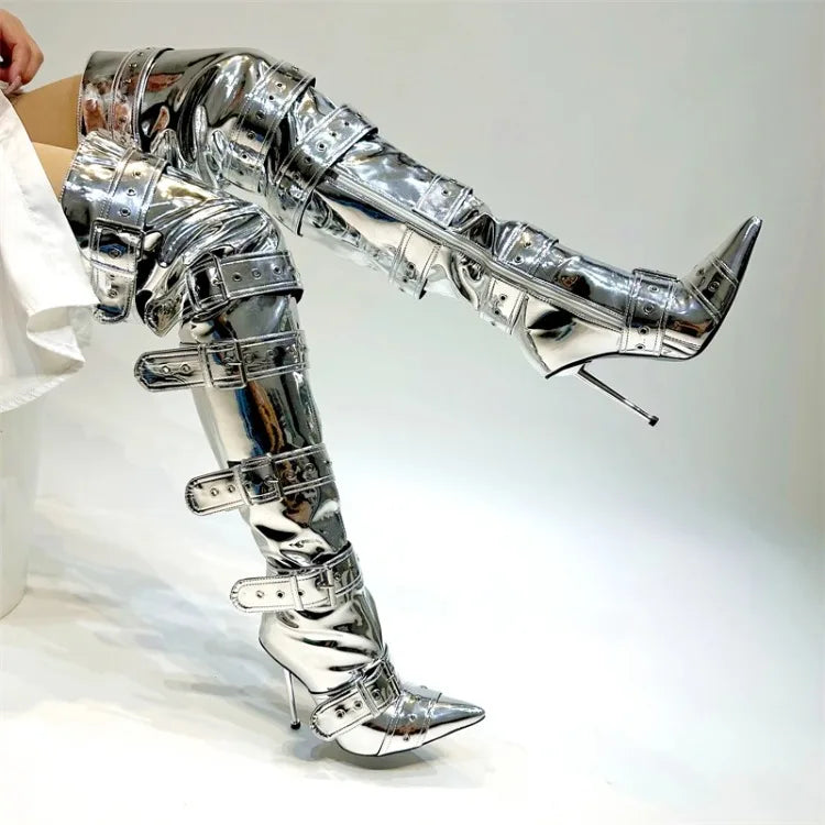 Blue Denim Metal Rivet Buckle Silvery Over Knee Boots Women Sexy Punk Style Silver Belt Buckle 12cm High Heel Sandals Size 34-43