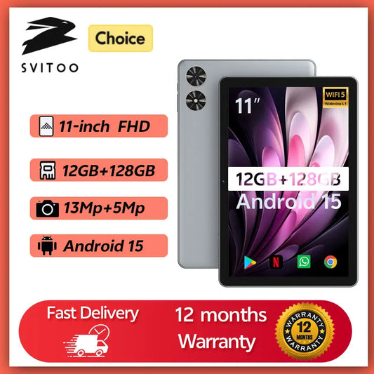 SVITOO 11-inch 2025 Tablet Android 15 12GB RAM 128GB ROM Octa-Core T606 8000mAh Battery Type-C for Gaming  Android Tablets