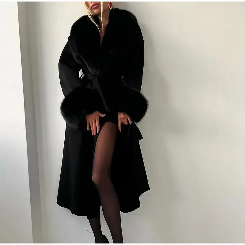 Retro Black Fur Patchwork Woolen Coat Women Chic Full Sleeve V-neck Lace Up Loose Long Overcoat 2025 Lady Winter Commute Outwear