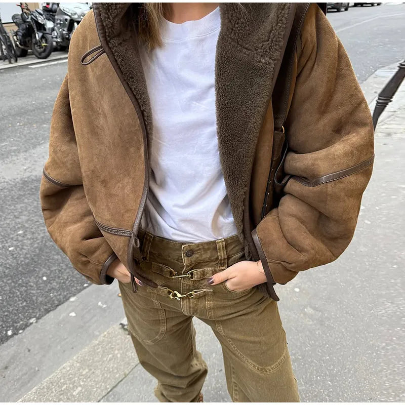 Hooded Patchwork Leather Jacket Woman Solid Color Long Sleeves Loose Single Breasted Coat Casual Street Women's New Warm Jackets