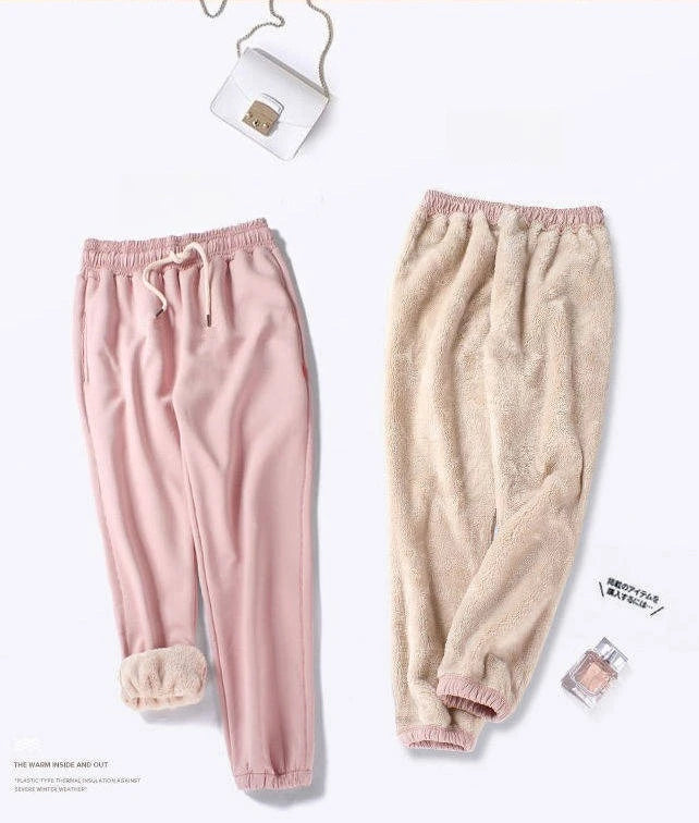 Women's Fleece Lined Joggers Winter Plush Pants High Waist Adjustable Drawstring Lounge Street Comfortable Casual Trousers